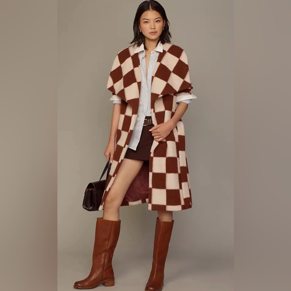 Hutch Oversized Collared Brown and Cream Checkered Coat